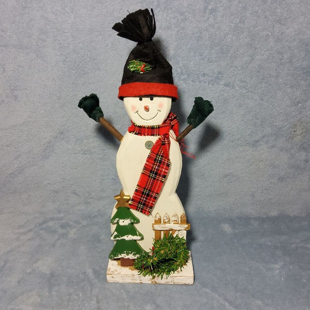 Vintage Wooden Snowman Tabletop Figure Plaid Scarf Christmas Tree Fence 14"